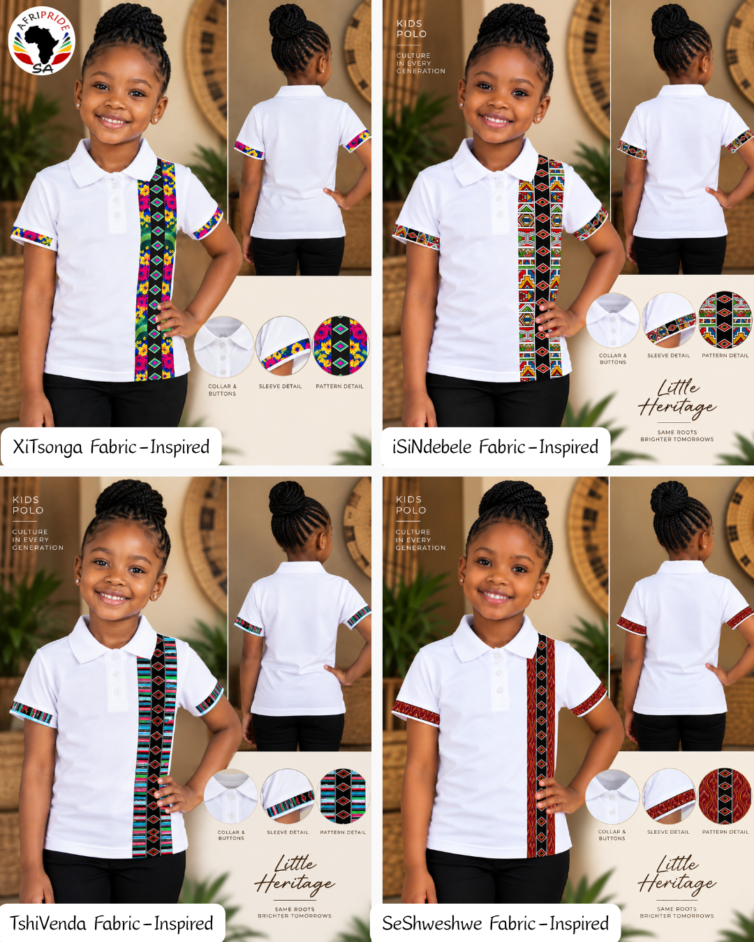 Little Heritage white kids golf shirts showing four heritage-inspired trim designs