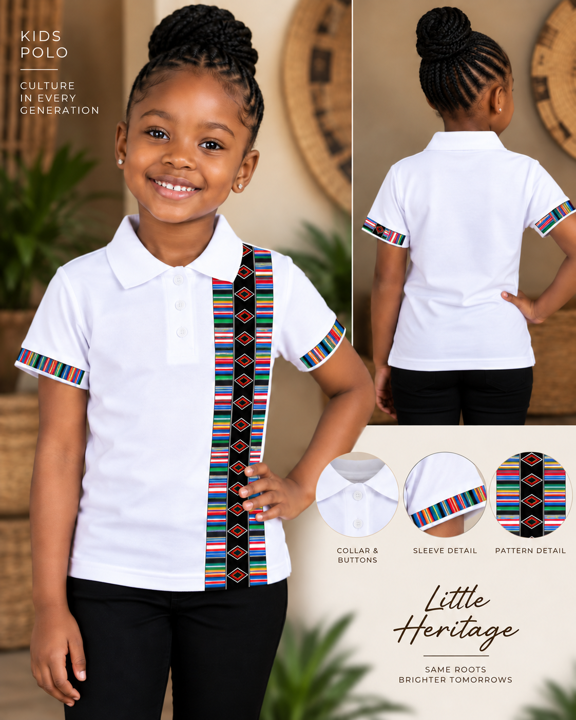 White kids golf shirt with bright multicolour striped front and sleeve trim