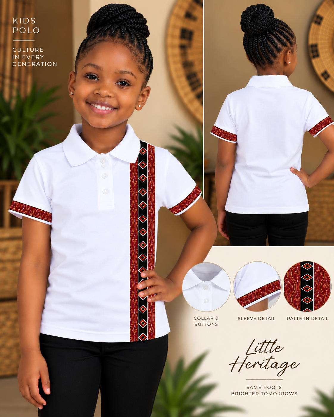 White kids golf shirt with SeShweshwe inspired red front and sleeve trim