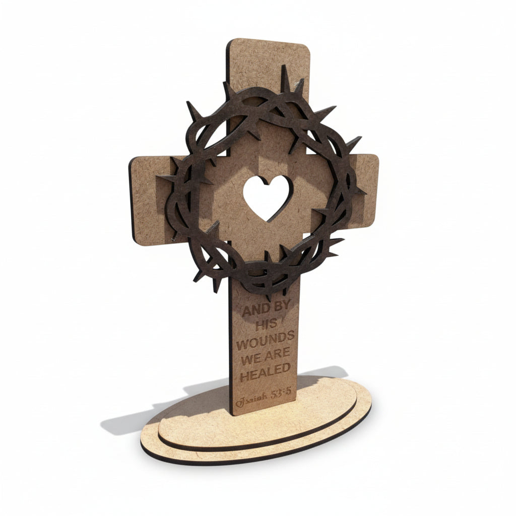 Wooden Christian Cross with Crown of Thorns Decor