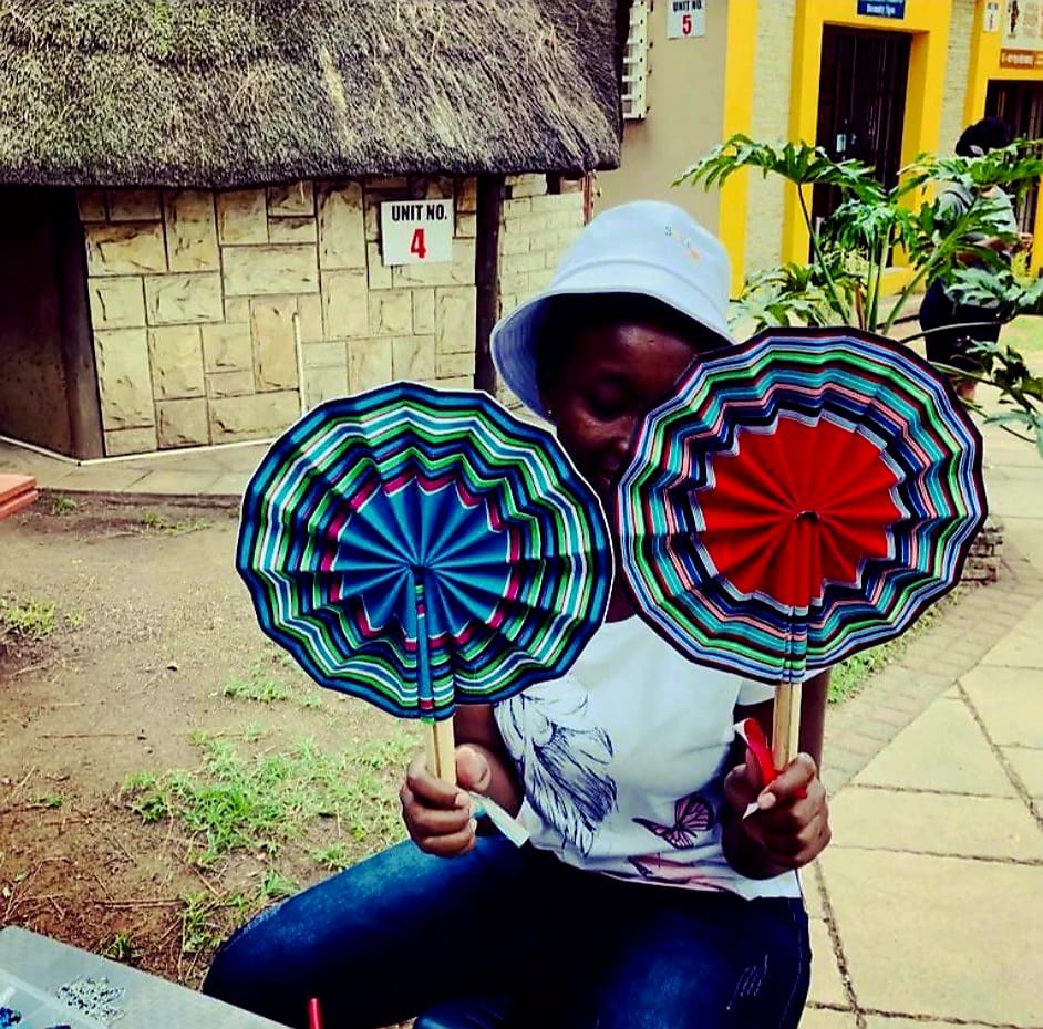 Vhutambo Handmade Foldable African Fabric Fan with Wooden Handles