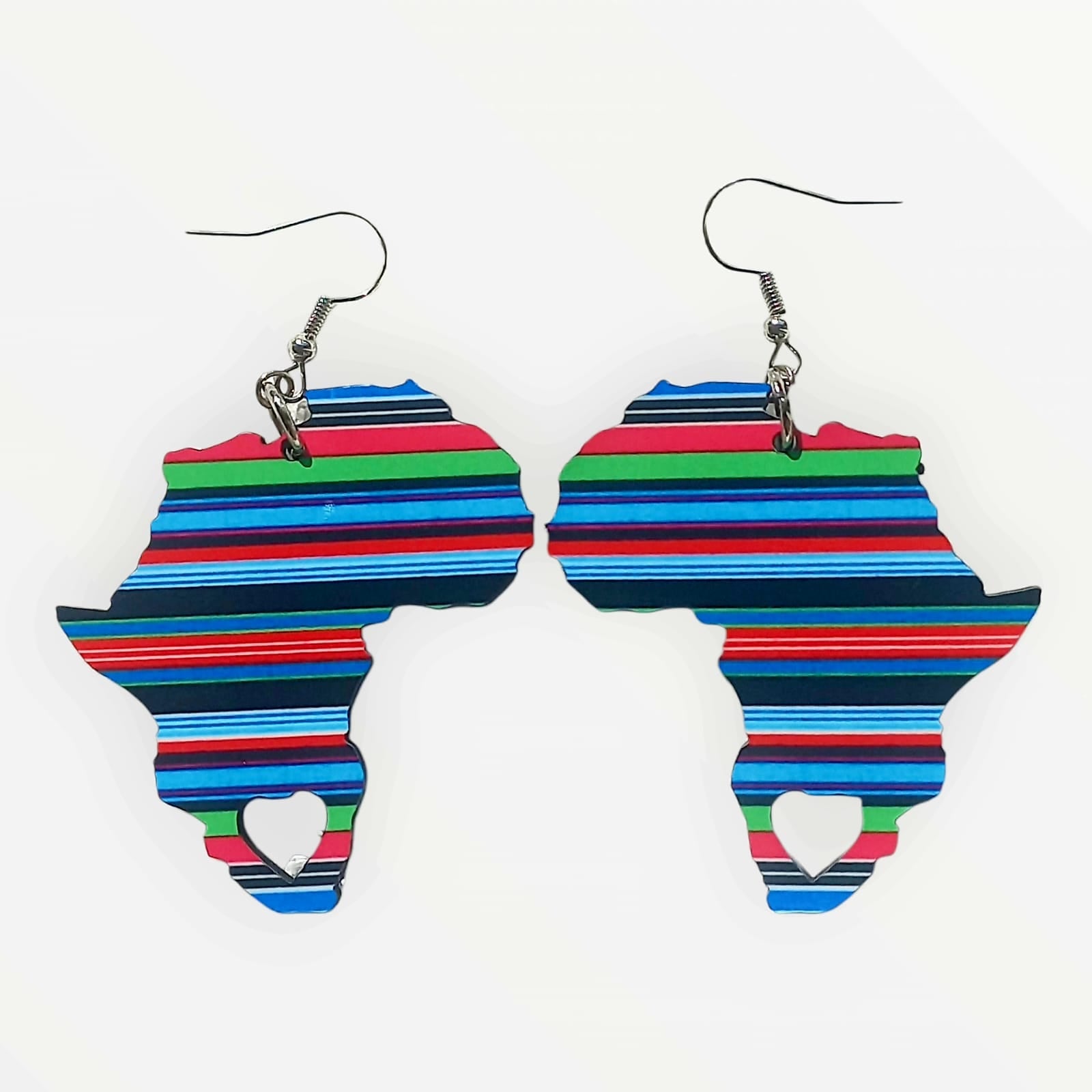 Africa Map Earrings - Multi-colour Venda Stripes - Blue - African Pride Collection